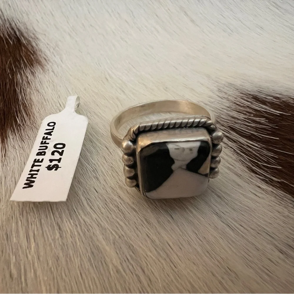 ❤️ White Buffalo Turquoise Square 925 Ring Navajo Style Matte ADJ SZ 5 to 7.5